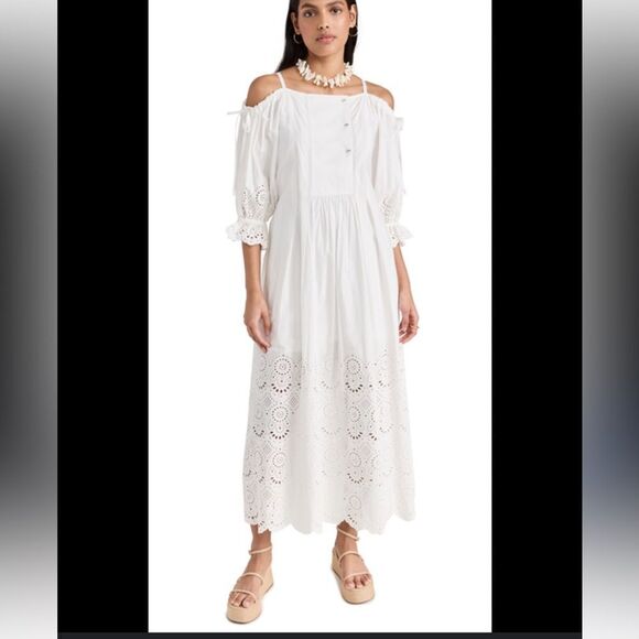ULLA JOHNSON Narcisa cold-shoulder broderie anglaise cotton maxi dress size 8 - Picture 1 of 16